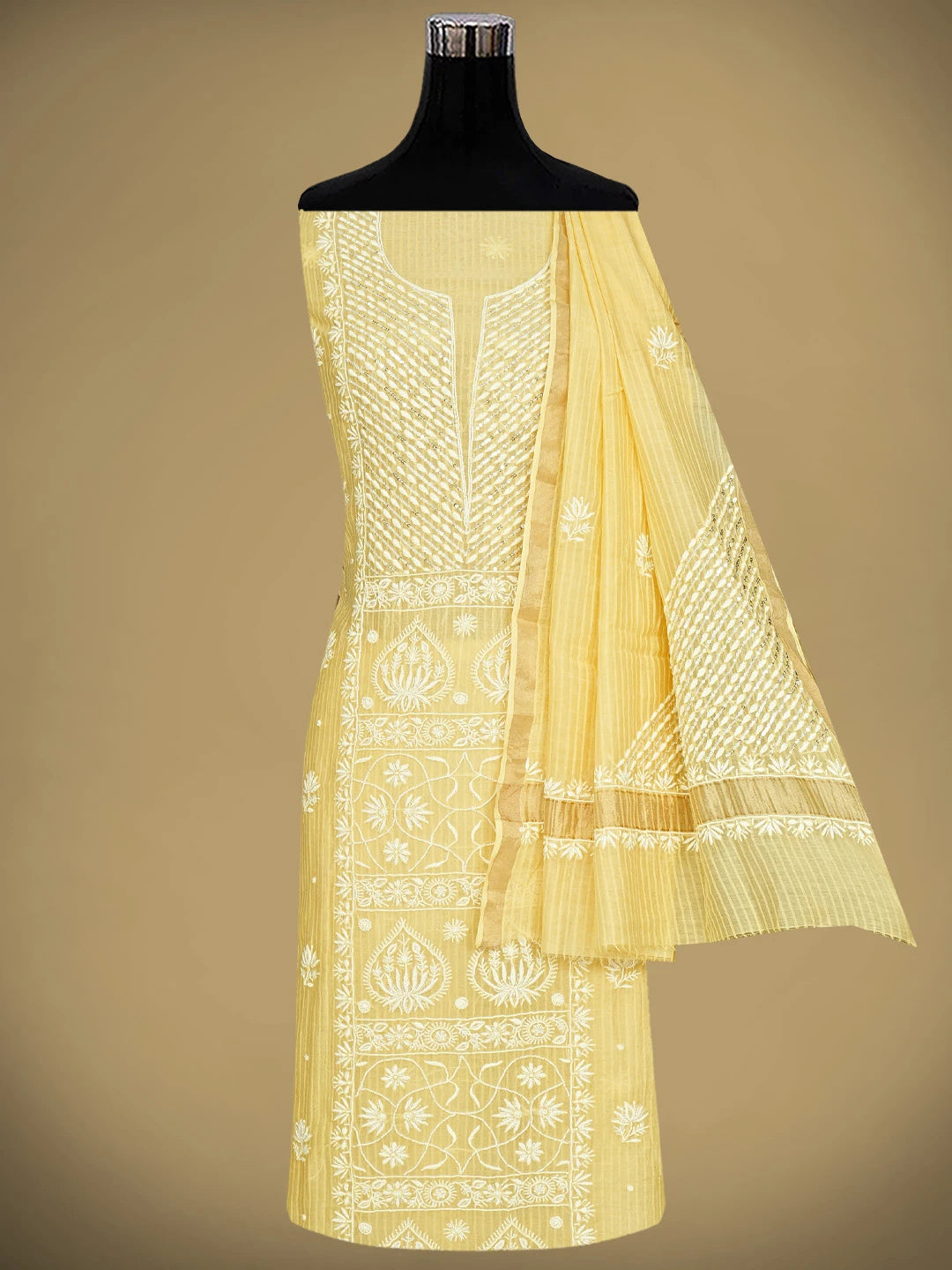 Ada Hand Embroidered Yellow Chanderi Lucknowi Chikankari Unstitched Kurta Dupatta Set With Cutdana Work 01A897561