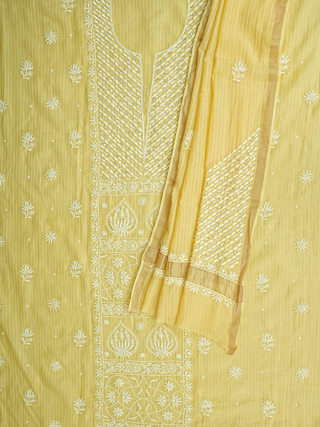 Ada Hand Embroidered Yellow Chanderi Lucknowi Chikankari Unstitched Kurta Dupatta Set With Cutdana Work 01A897561