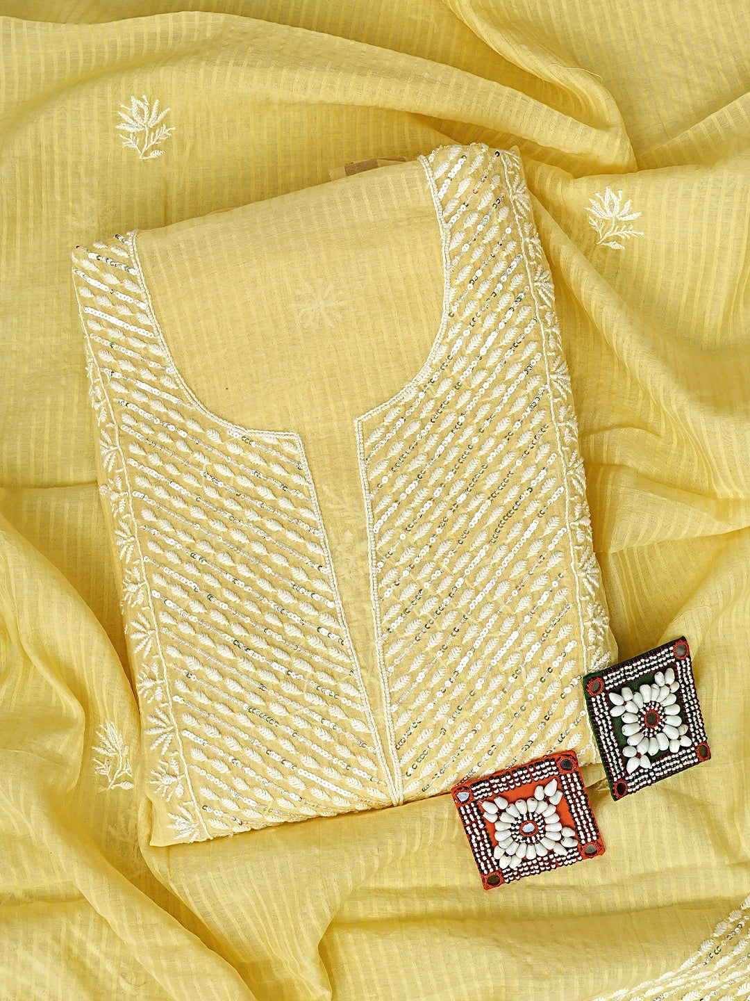 Ada Hand Embroidered Yellow Chanderi Lucknowi Chikankari Unstitched Kurta Dupatta Set With Cutdana Work 01A897561