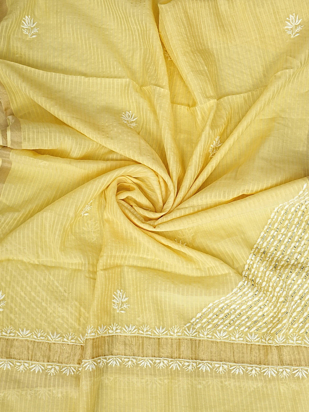 Ada Hand Embroidered Yellow Chanderi Lucknowi Chikankari Unstitched Kurta Dupatta Set With Cutdana Work 01A897561