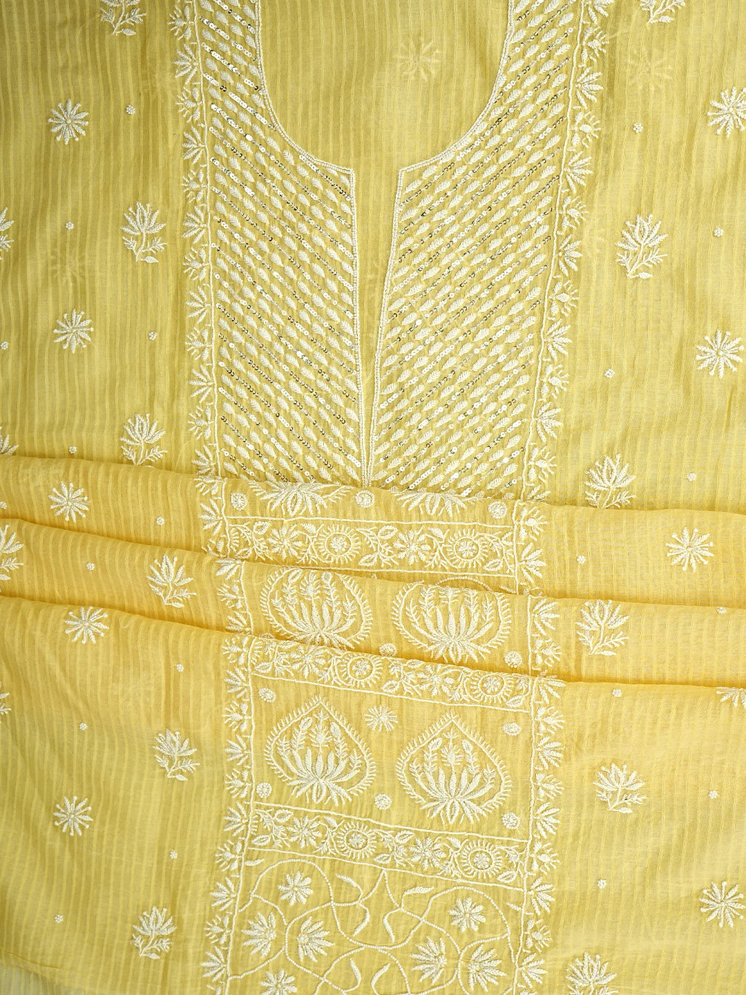 Ada Hand Embroidered Yellow Chanderi Lucknowi Chikankari Unstitched Kurta Dupatta Set With Cutdana Work 01A897561