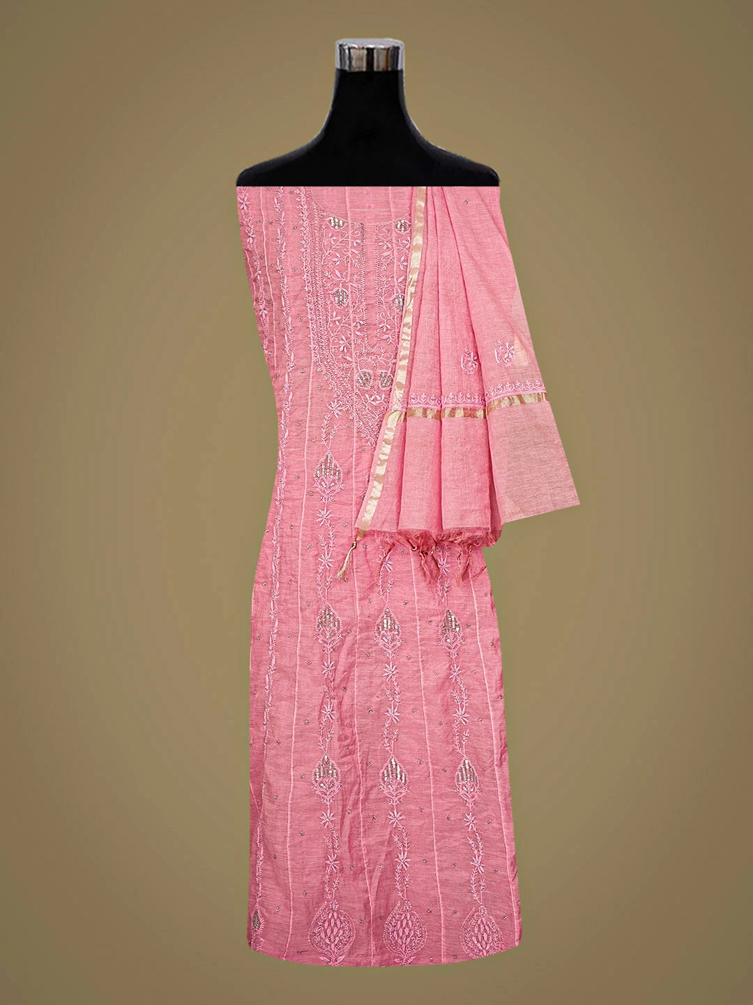 Ada Hand Embroidered Pink Chanderi Lucknowi Chikankari Semi-Stitched Anarkali Kurta Dupatta Set 01A849812