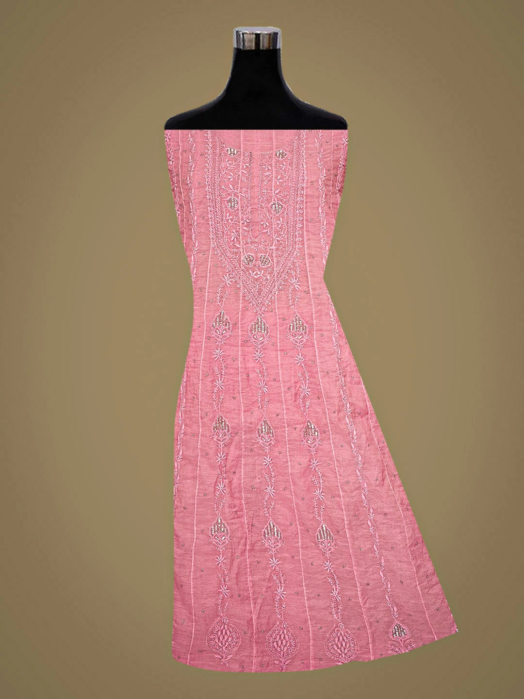 Ada Hand Embroidered Pink Chanderi Lucknowi Chikankari Semi-Stitched Anarkali Kurta Dupatta Set 01A849812