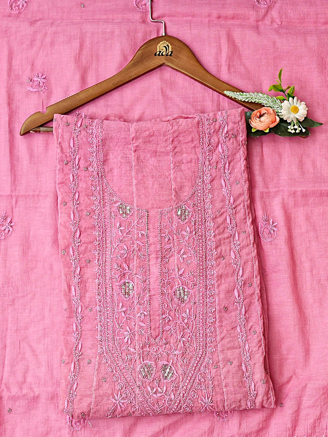 Ada Hand Embroidered Pink Chanderi Lucknowi Chikankari Semi-Stitched Anarkali Kurta Dupatta Set 01A849812