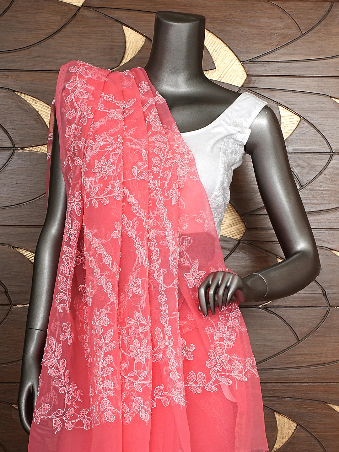 Ada Hand Embroidered Carrot Pink Georgette Lucknowi Chikankari Saree and Blouse 01A916532