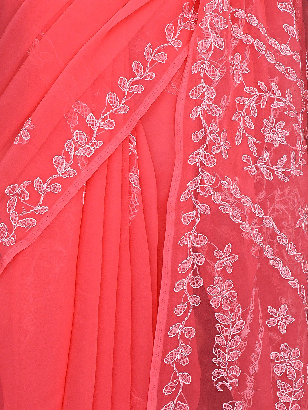 Ada Hand Embroidered Carrot Pink Georgette Lucknowi Chikankari Saree and Blouse 01A916532