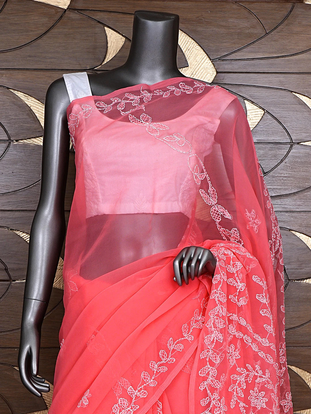 Ada Hand Embroidered Carrot Pink Georgette Lucknowi Chikankari Saree and Blouse 01A916532