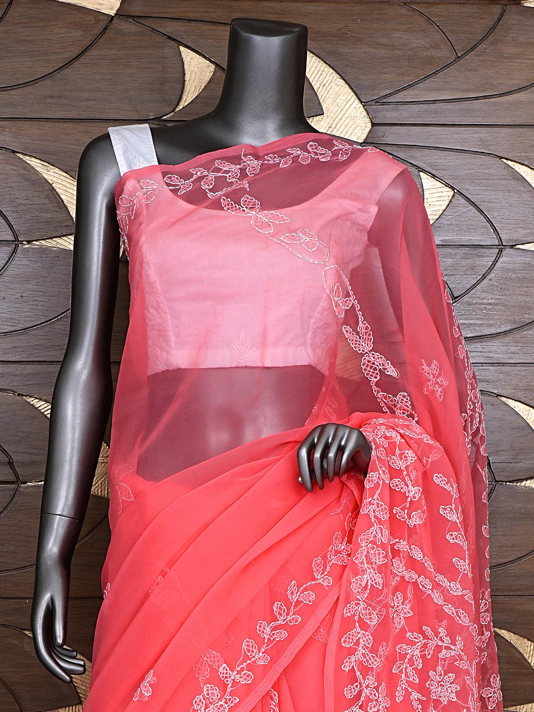 Ada Hand Embroidered Carrot Pink Georgette Lucknowi Chikankari Saree and Blouse 01A916532