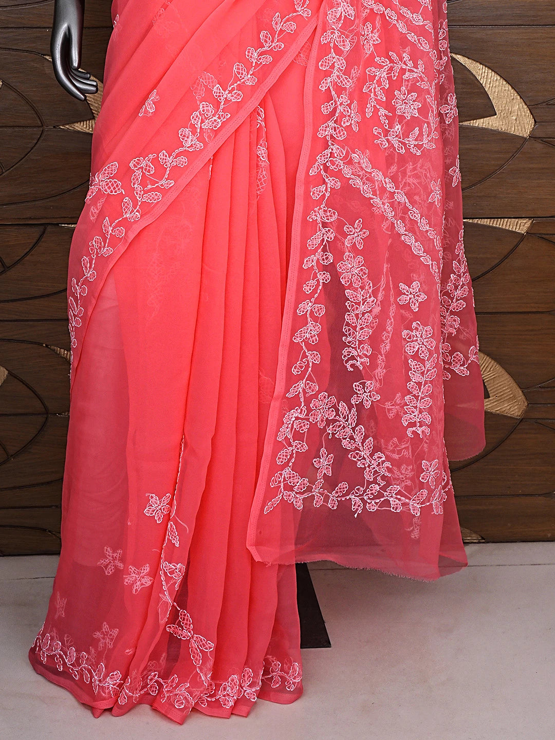 Ada Hand Embroidered Carrot Pink Georgette Lucknowi Chikankari Saree and Blouse 01A916532