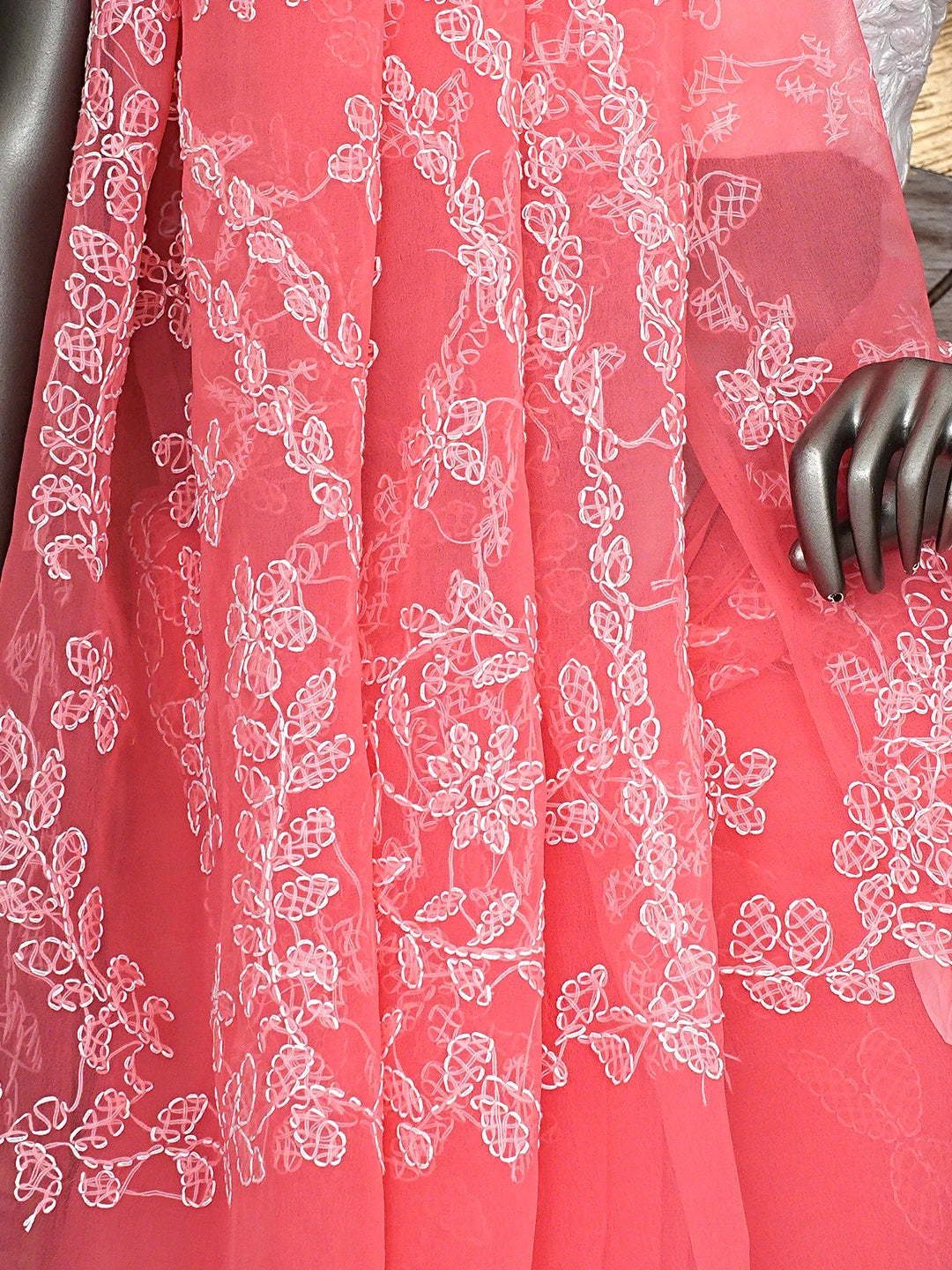 Ada Hand Embroidered Carrot Pink Georgette Lucknowi Chikankari Saree and Blouse 01A916532