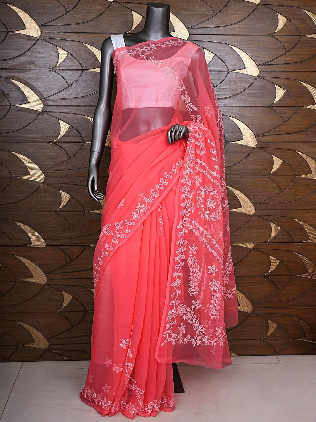 Ada Hand Embroidered Carrot Pink Georgette Lucknowi Chikankari Saree and Blouse 01A916532