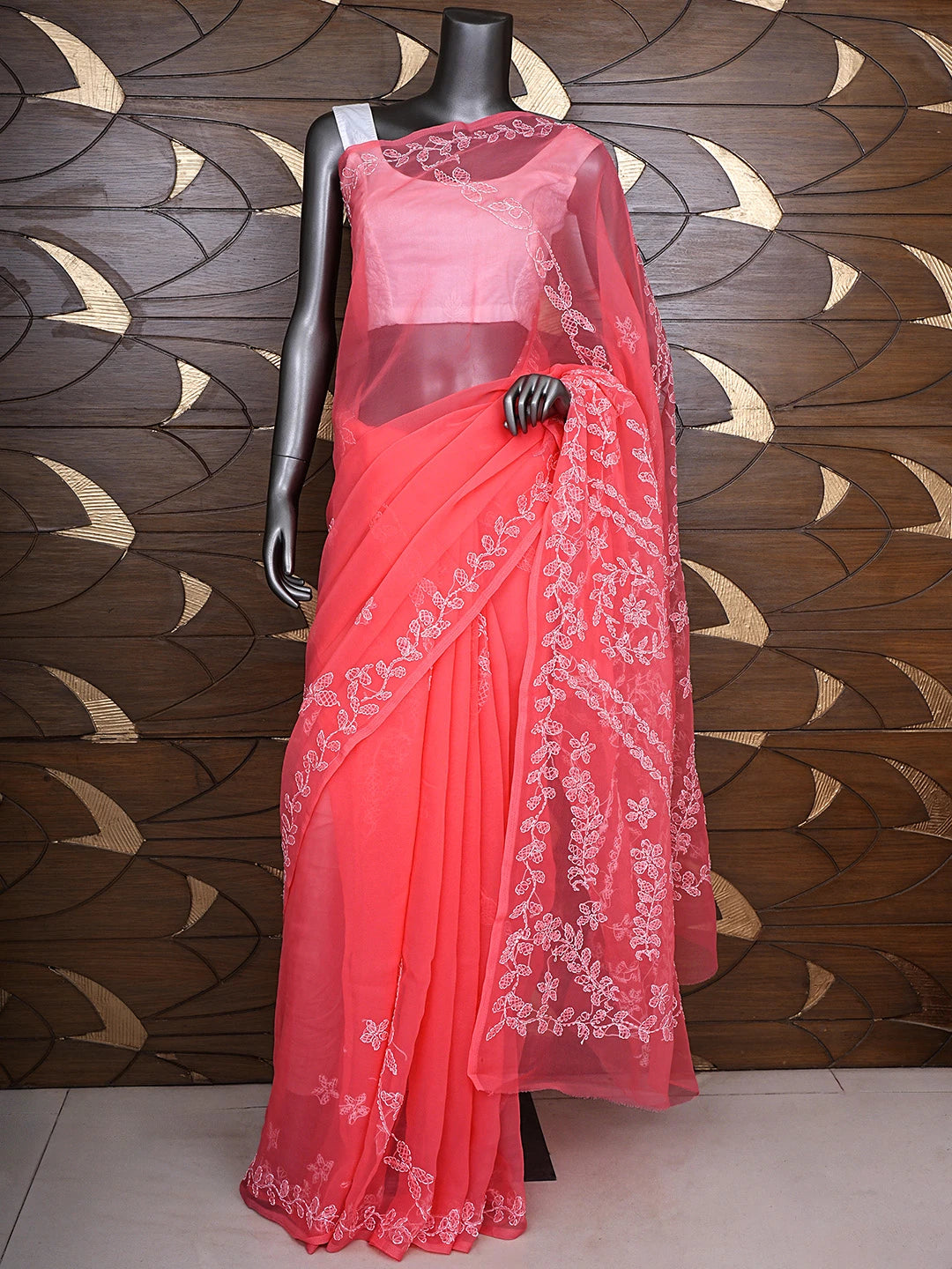 Ada Hand Embroidered Carrot Pink Georgette Lucknowi Chikankari Saree and Blouse 01A916532
