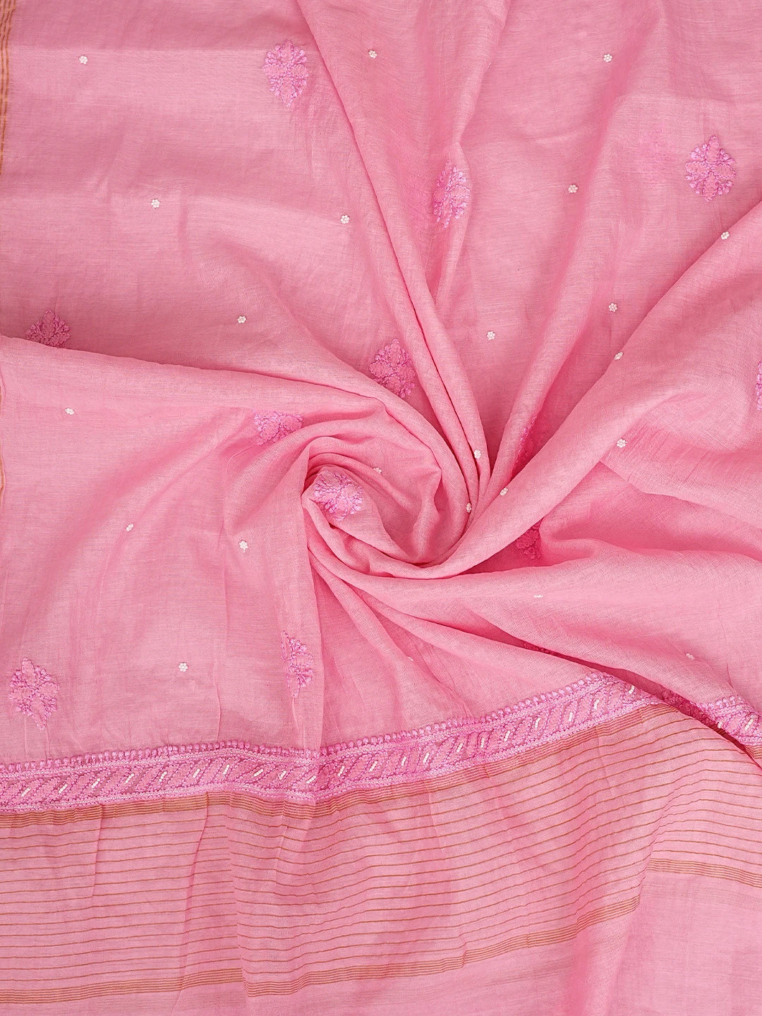 Ada Hand Embroidered Flamingo Pink Chanderi Lucknowi Chikankari Unstitched Kurta Dupatta Set With Pearl Work 01A850113