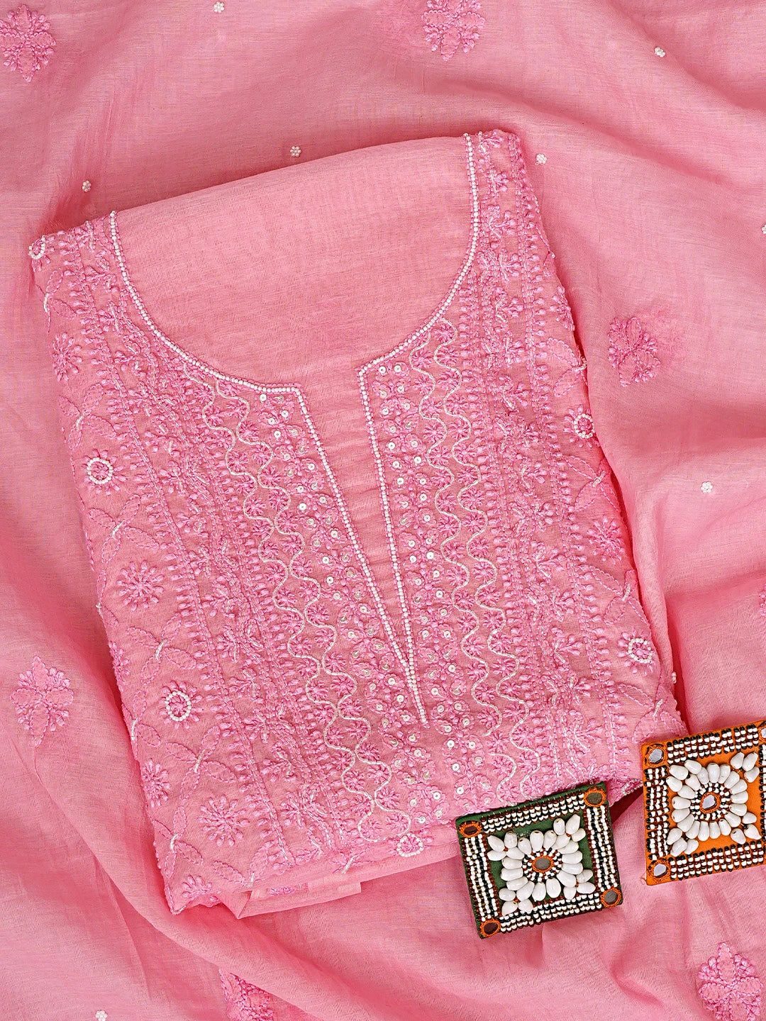 Ada Hand Embroidered Flamingo Pink Chanderi Lucknowi Chikankari Unstitched Kurta Dupatta Set With Pearl Work 01A850113