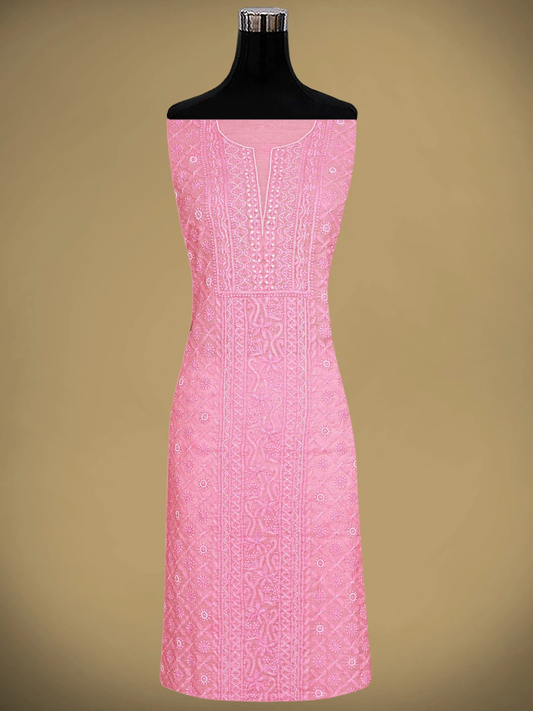 Ada Hand Embroidered Flamingo Pink Chanderi Lucknowi Chikankari Unstitched Kurta Dupatta Set With Pearl Work 01A850113