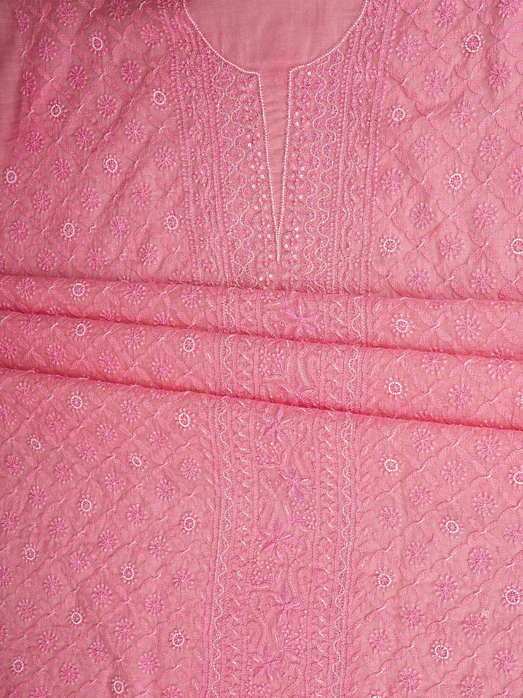 Ada Hand Embroidered Flamingo Pink Chanderi Lucknowi Chikankari Unstitched Kurta Dupatta Set With Pearl Work 01A850113