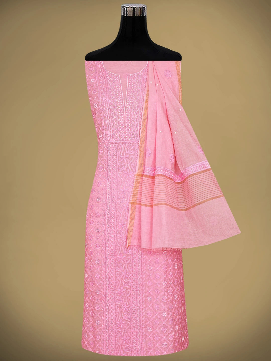 Ada Hand Embroidered Flamingo Pink Chanderi Lucknowi Chikankari Unstitched Kurta Dupatta Set With Pearl Work 01A850113