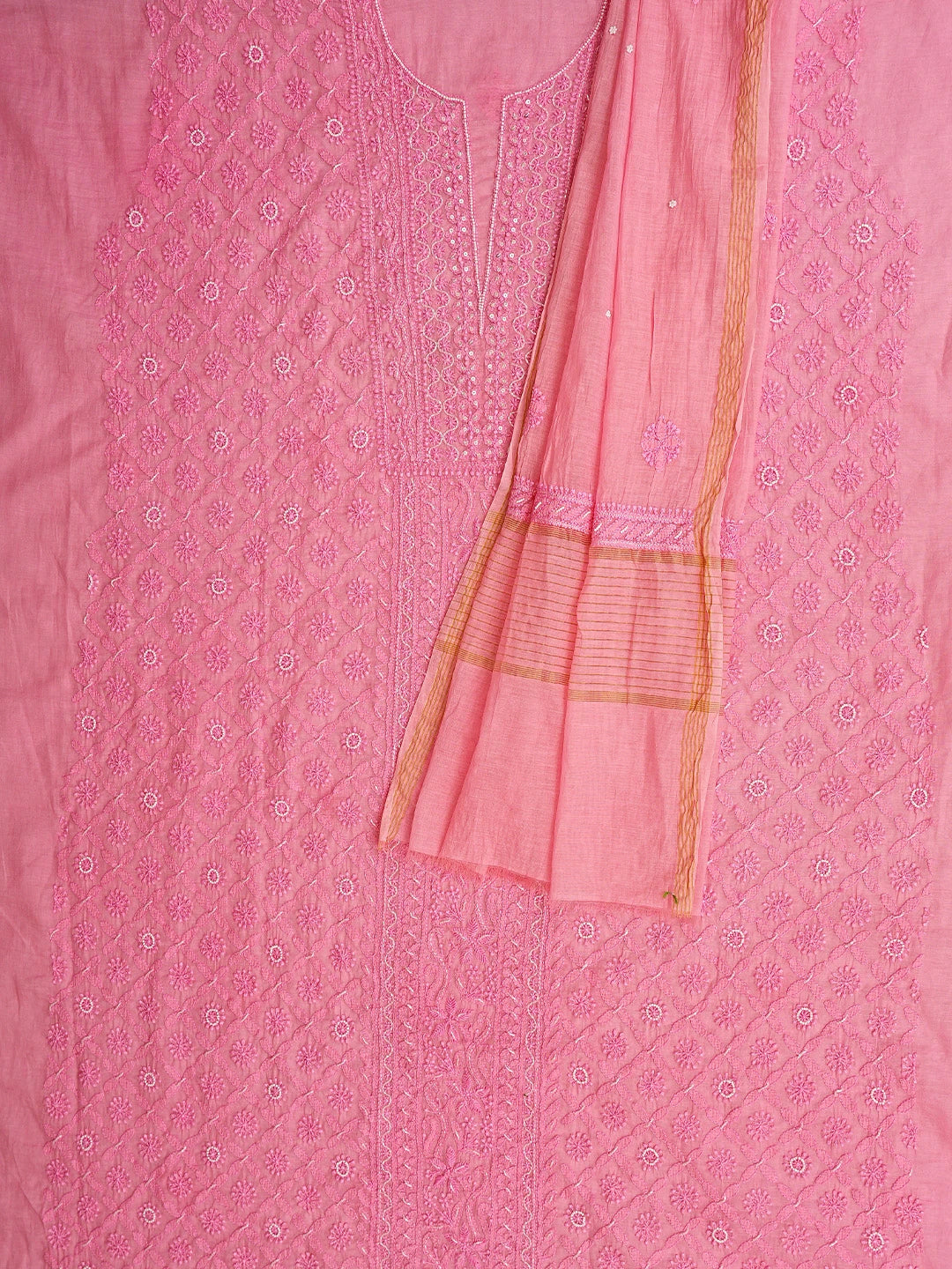 Ada Hand Embroidered Flamingo Pink Chanderi Lucknowi Chikankari Unstitched Kurta Dupatta Set With Pearl Work 01A850113