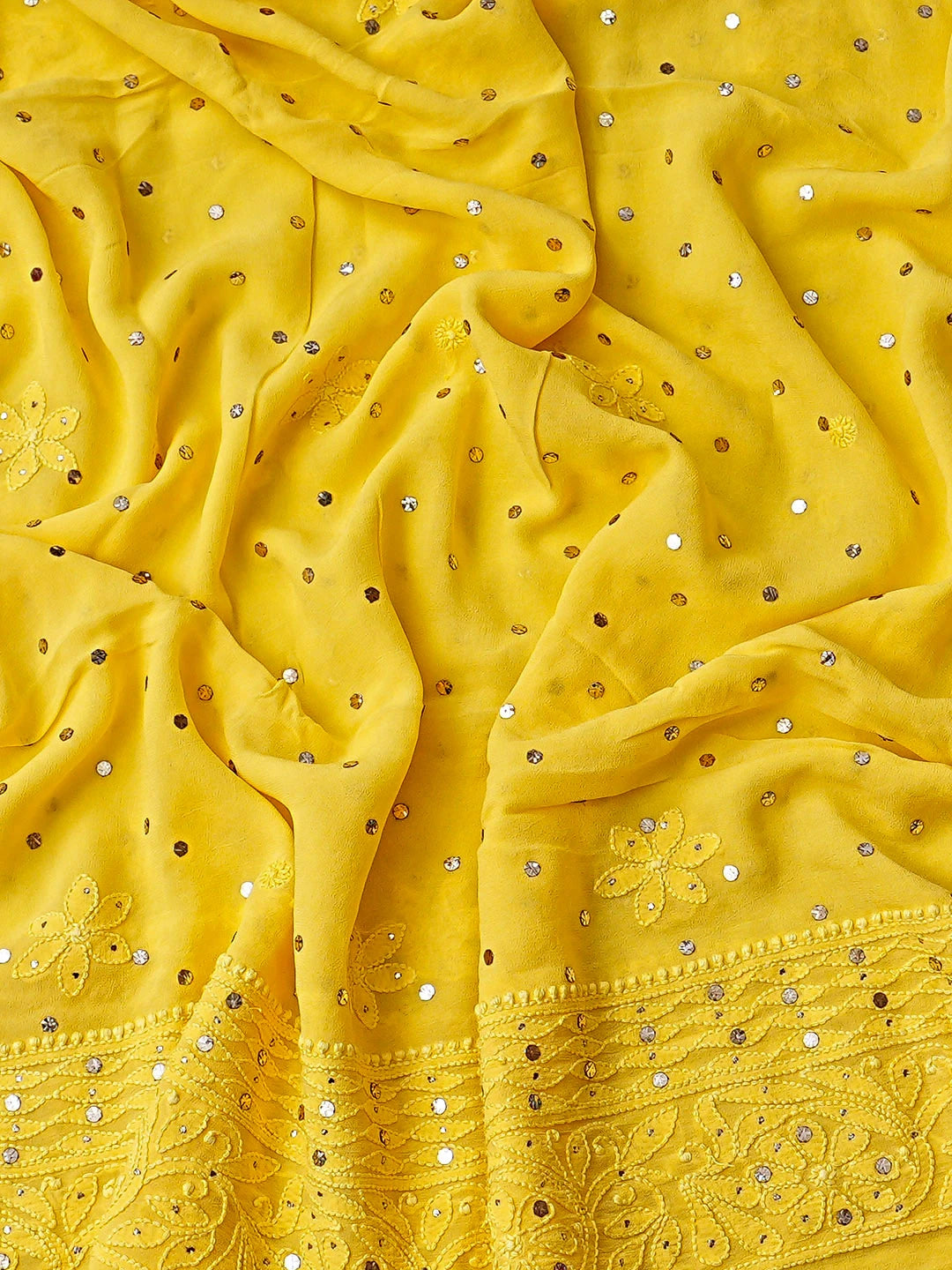 Ada Hand Embroidered Yellow Viscose Georgette Lucknowi Chikankari Semi-Stitched Anarkali Kurta Dupatta Set With Muqaish Work 01A818877