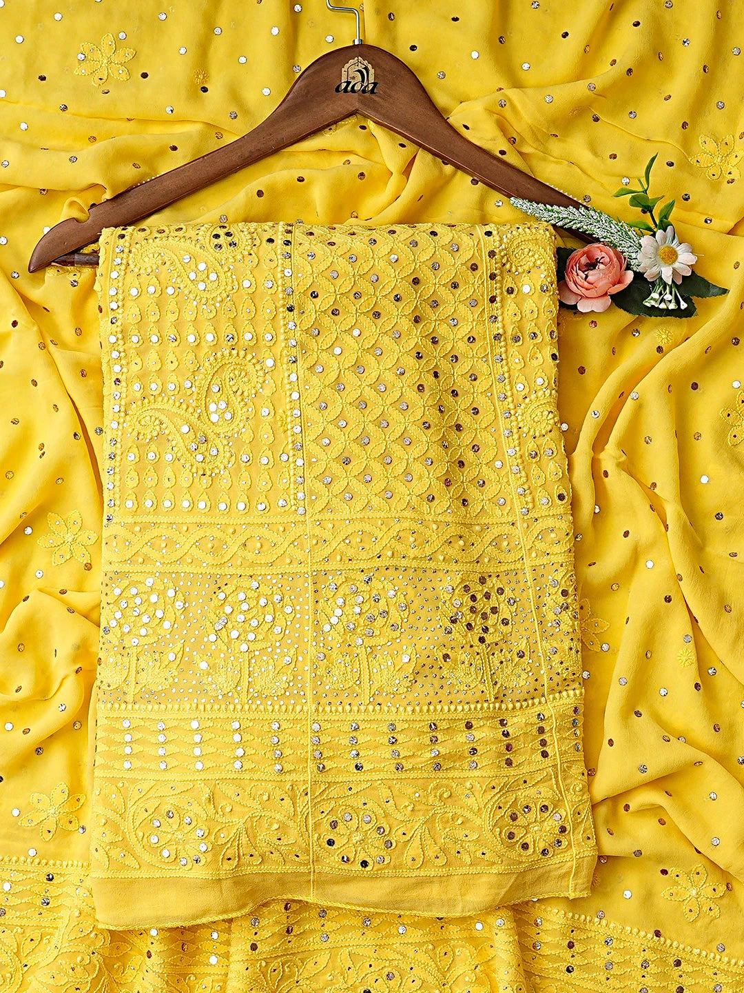 Ada Hand Embroidered Yellow Viscose Georgette Lucknowi Chikankari Semi-Stitched Anarkali Kurta Dupatta Set With Muqaish Work 01A818877
