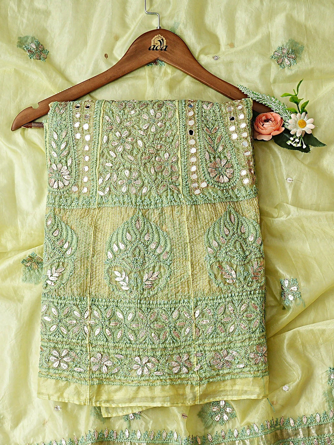Ada Hand Embroidered Green Organza Lucknowi Chikankari Semi-Stitched Anarkali Kurta Dupatta Set With Gota Patti Work 01A897624