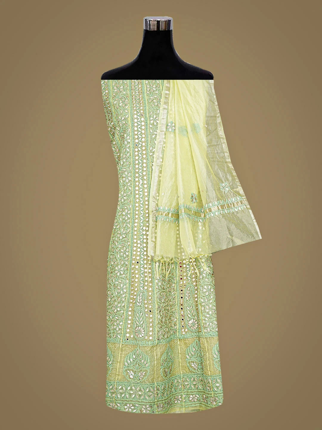 Ada Hand Embroidered Green Organza Lucknowi Chikankari Semi-Stitched Anarkali Kurta Dupatta Set With Gota Patti Work 01A897624