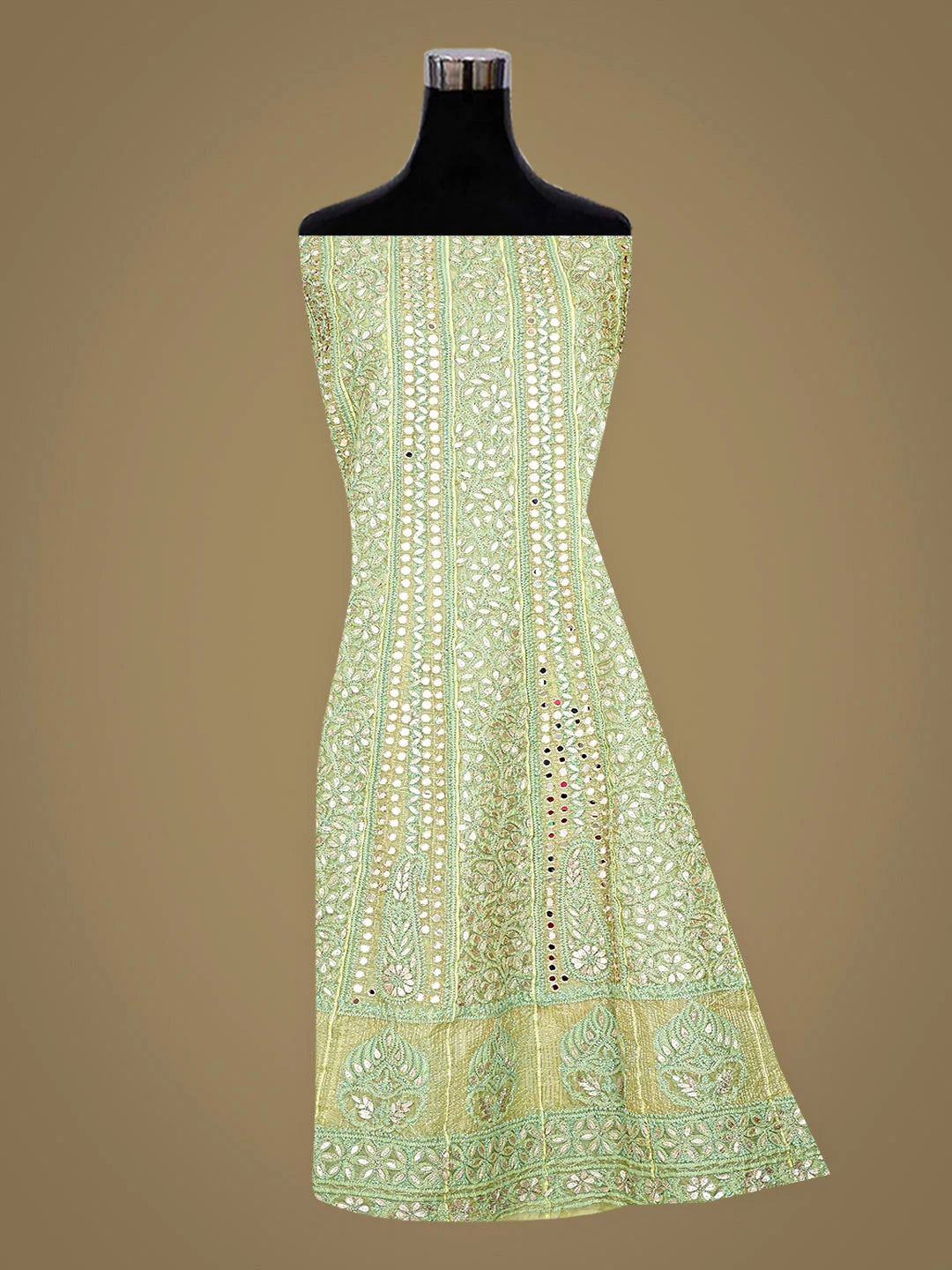 Ada Hand Embroidered Green Organza Lucknowi Chikankari Semi-Stitched Anarkali Kurta Dupatta Set With Gota Patti Work 01A897624