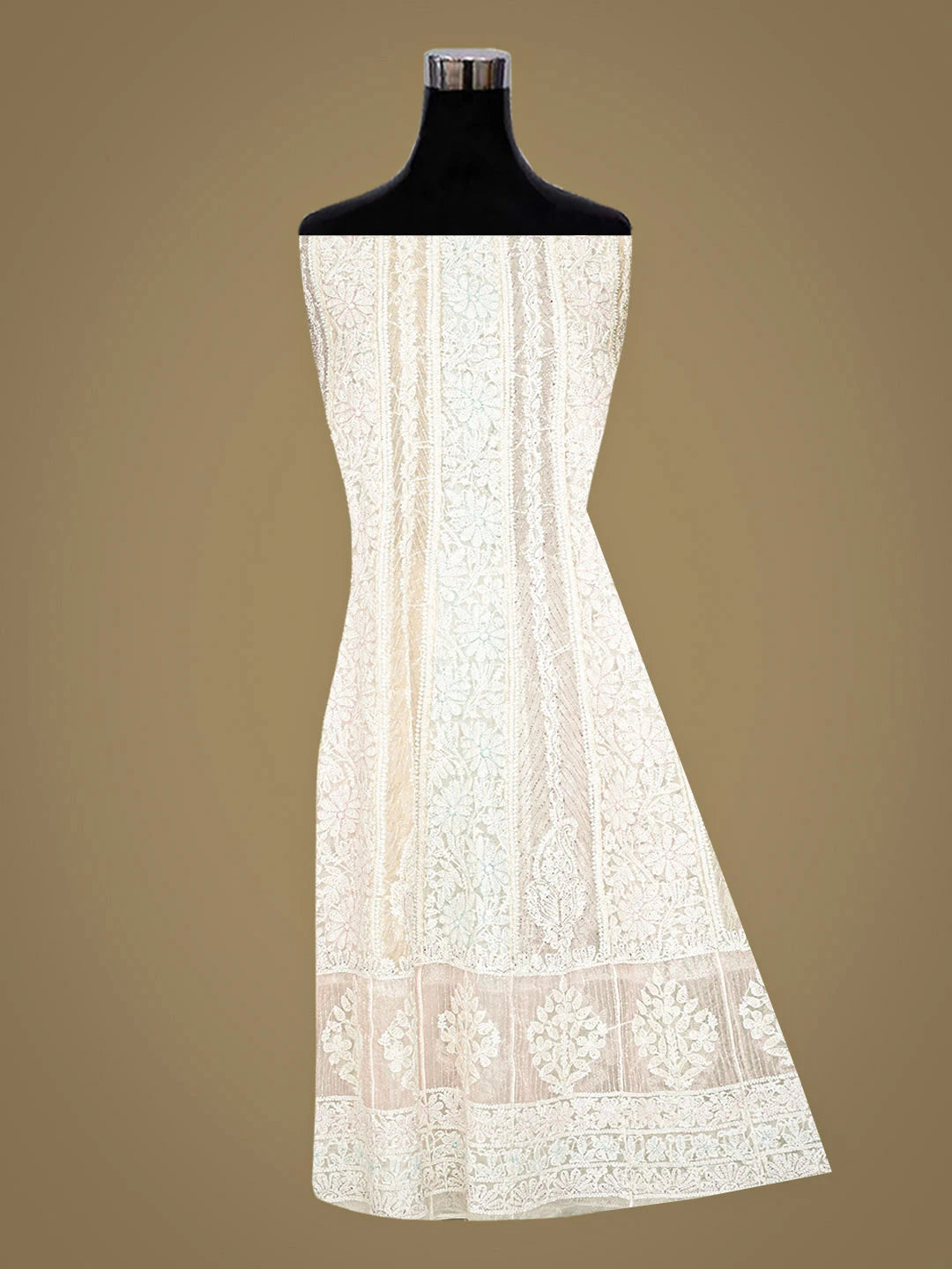 Ada Hand Embroidered White Organza Lucknowi Chikankari Semi-Stitched Anarkali Kurta Dupatta Set With Cutdana Work 01A912455