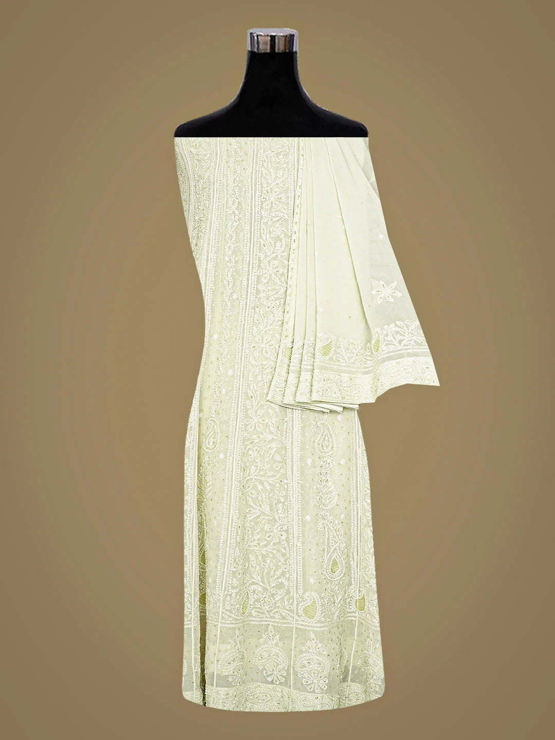 Ada Hand Embroidered Sea Green Viscose Georgette Lucknowi Chikankari Semi-Stitched Anarkali Kurta Dupatta Set With Cutdana Work 01A865000