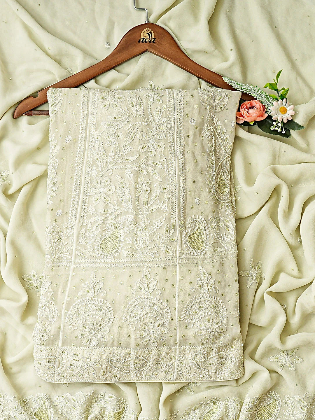 Ada Hand Embroidered Sea Green Viscose Georgette Lucknowi Chikankari Semi-Stitched Anarkali Kurta Dupatta Set With Cutdana Work 01A865000