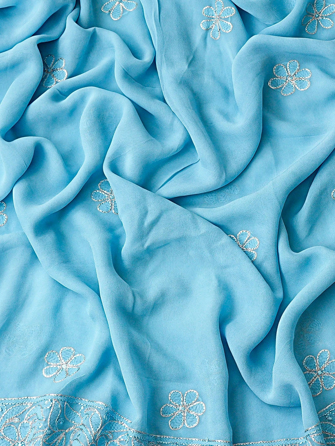 Ada Hand Embroidered Blue Viscose Georgette Lucknowi Chikankari Semi-Stitched Anarkali Kurta Dupatta Set With Cutdana Work 01A785001