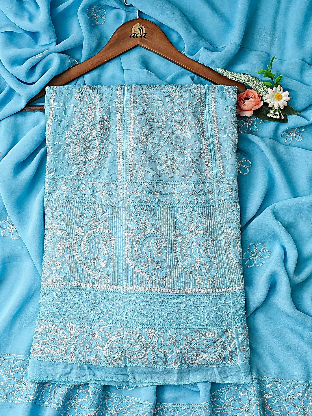 Ada Hand Embroidered Blue Viscose Georgette Lucknowi Chikankari Semi-Stitched Anarkali Kurta Dupatta Set With Cutdana Work 01A785001