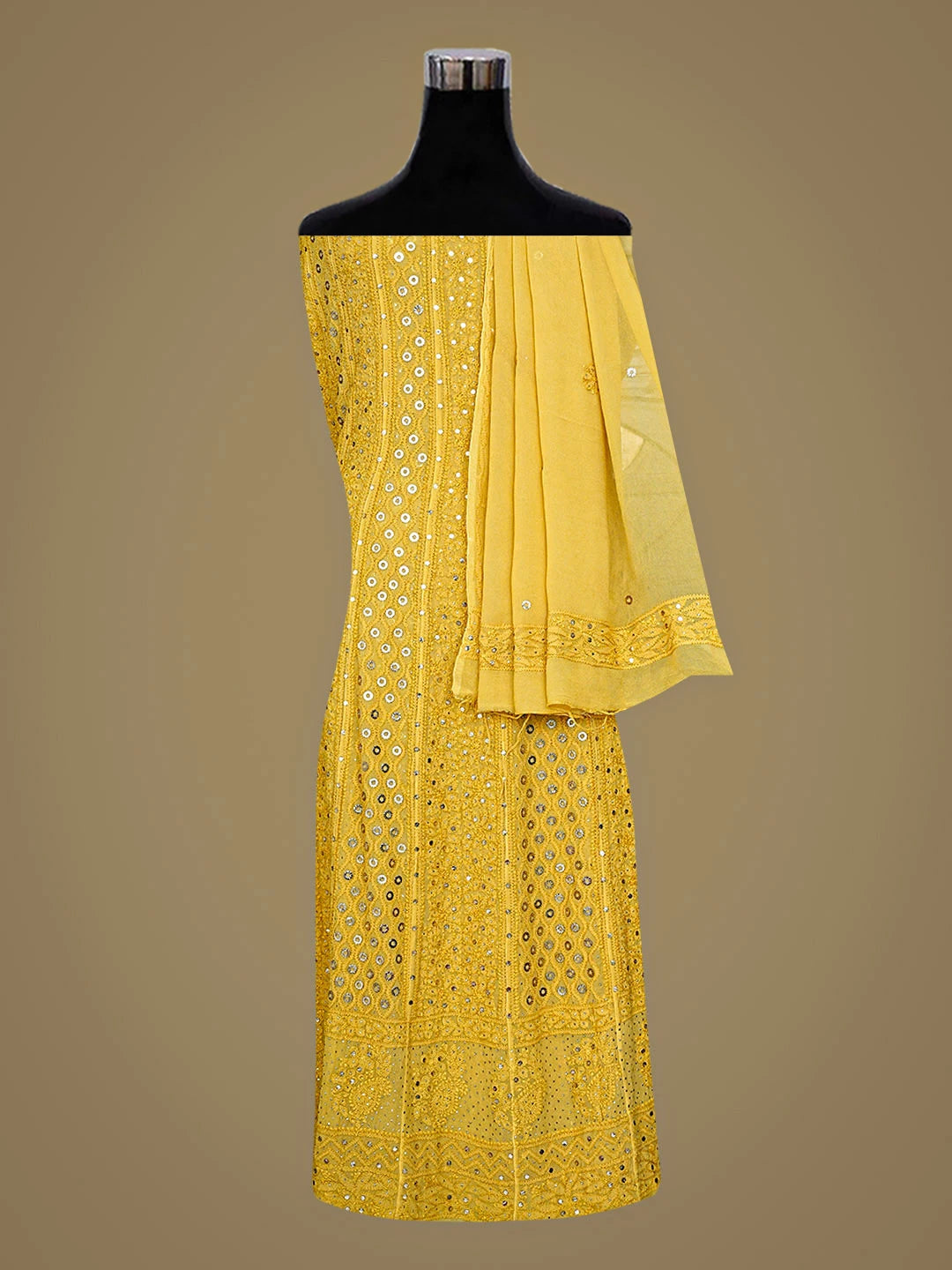 Ada Hand Embroidered Mustard Viscose Georgette Lucknowi Chikankari Semi-Stitched Anarkali Kurta Dupatta Set With Muqaish/Mukaish Work 01A793043