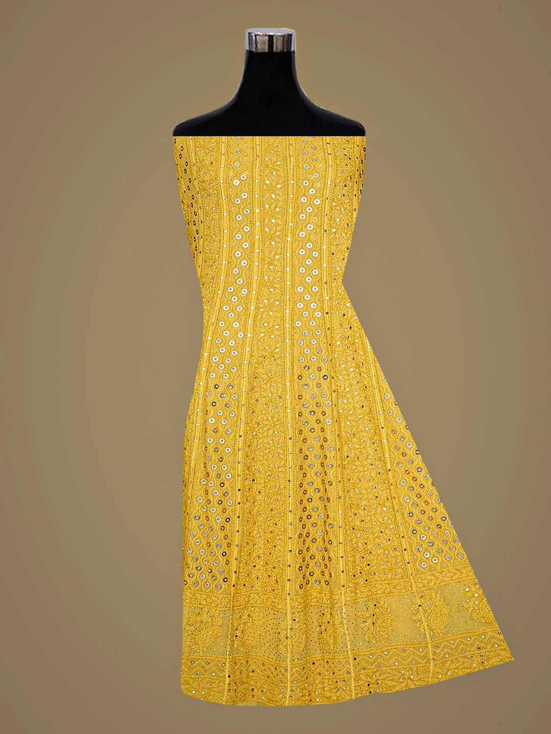 Ada Hand Embroidered Mustard Viscose Georgette Lucknowi Chikankari Semi-Stitched Anarkali Kurta Dupatta Set With Muqaish/Mukaish Work 01A793043