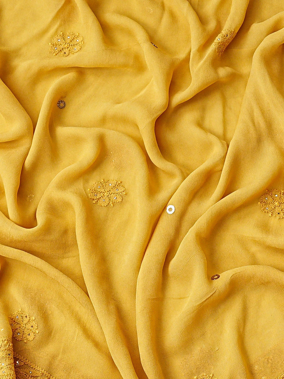 Ada Hand Embroidered Mustard Viscose Georgette Lucknowi Chikankari Semi-Stitched Anarkali Kurta Dupatta Set With Muqaish/Mukaish Work 01A793043