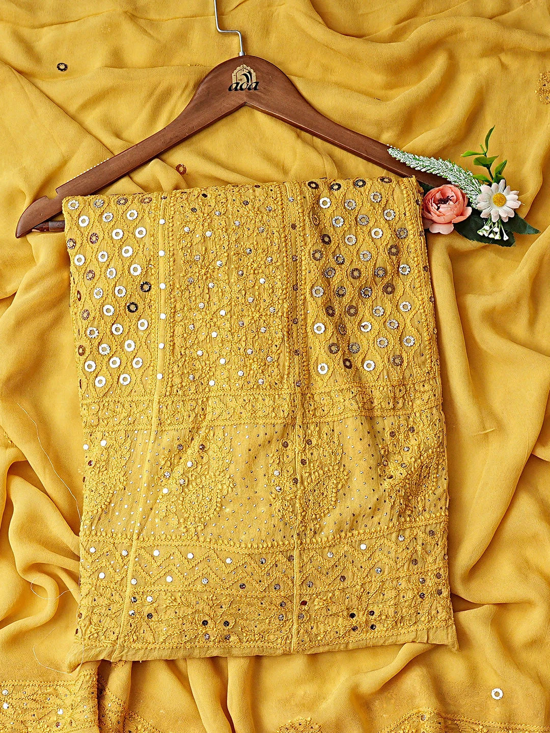 Ada Hand Embroidered Mustard Viscose Georgette Lucknowi Chikankari Semi-Stitched Anarkali Kurta Dupatta Set With Muqaish/Mukaish Work 01A793043