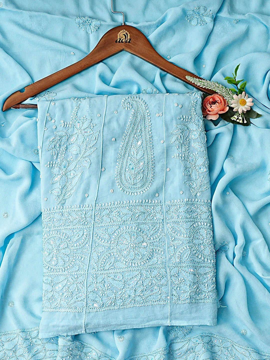 Ada Hand Embroidered Blue Viscose Georgette Lucknowi Chikankari Semi-Stitched Anarkali Kurta Dupatta Set With Cutdana Work 01A901433