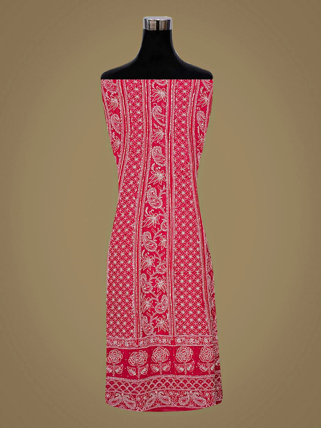 Ada Hand Embroidered Red Pure Georgette Lucknowi Chikankari Semi-Stitched Anarkali Kurta Dupatta Set With Cutdana Work 01A745457