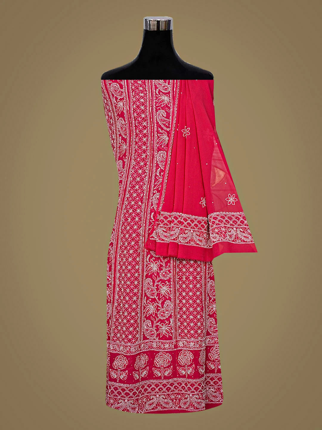 Ada Hand Embroidered Red Pure Georgette Lucknowi Chikankari Semi-Stitched Anarkali Kurta Dupatta Set With Cutdana Work 01A745457