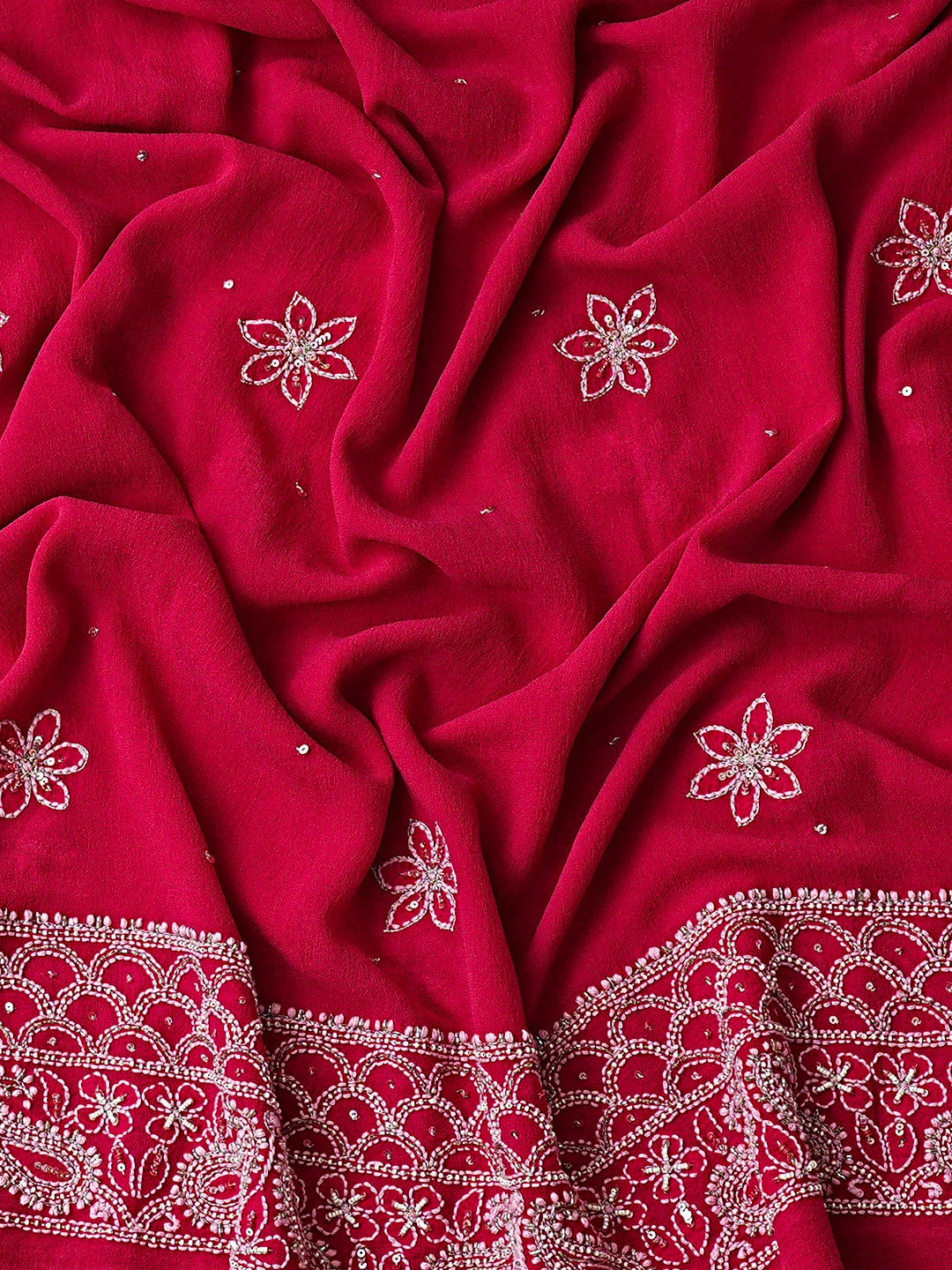 Ada Hand Embroidered Red Pure Georgette Lucknowi Chikankari Semi-Stitched Anarkali Kurta Dupatta Set With Cutdana Work 01A745457