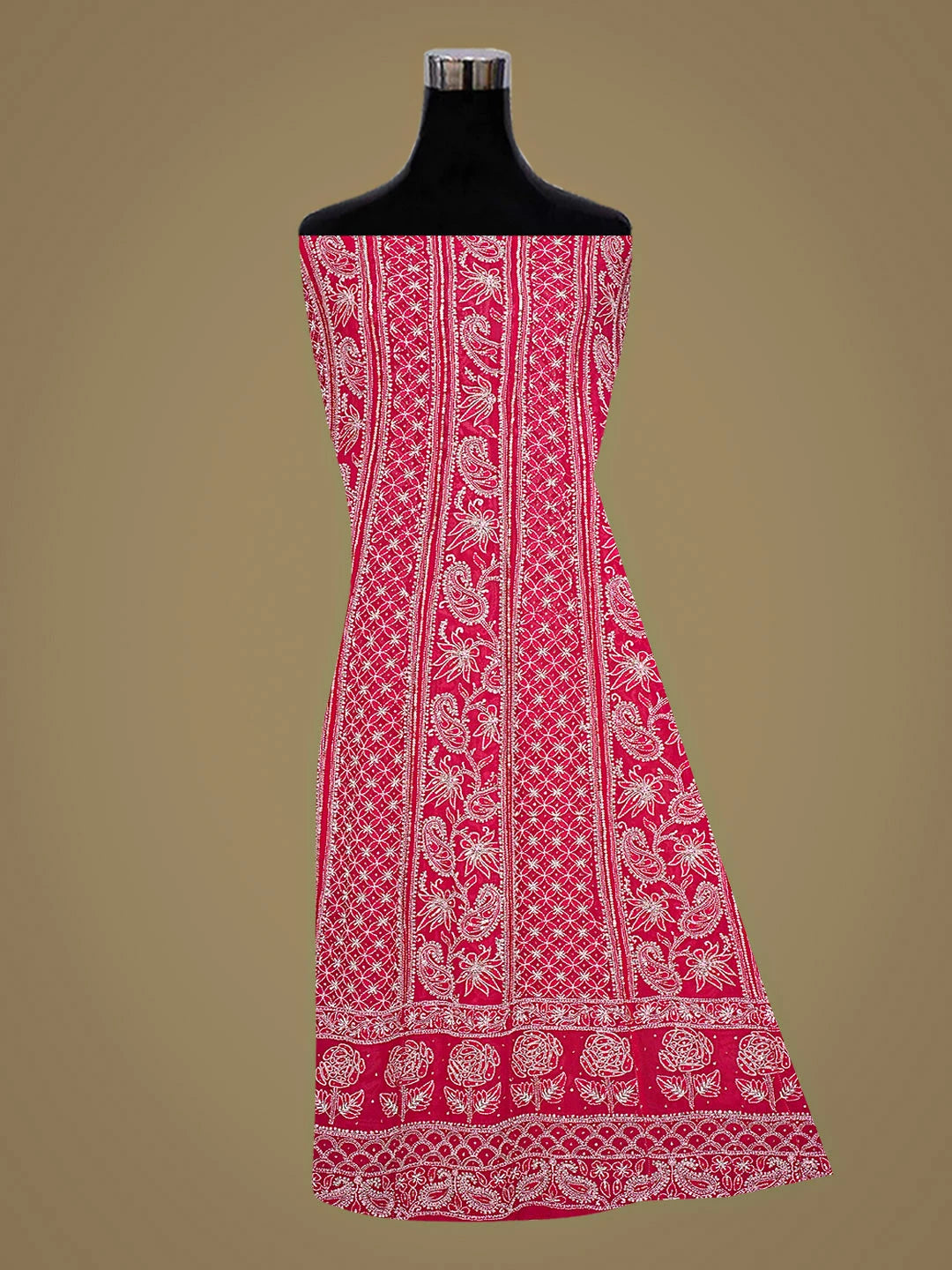 Ada Hand Embroidered Red Pure Georgette Lucknowi Chikankari Semi-Stitched Anarkali Kurta Dupatta Set With Cutdana Work 01A745457