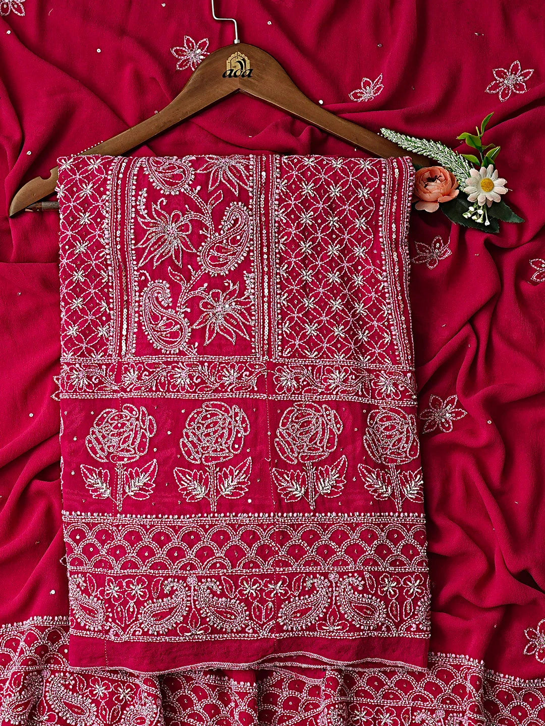 Ada Hand Embroidered Red Pure Georgette Lucknowi Chikankari Semi-Stitched Anarkali Kurta Dupatta Set With Cutdana Work 01A745457