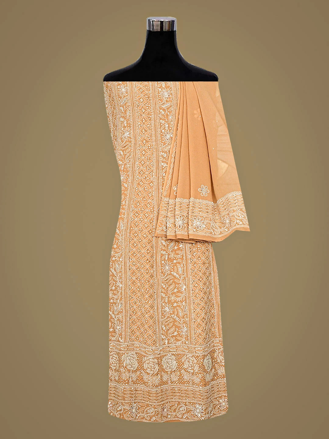 Ada Hand Embroidered Brown Pure Georgette Lucknowi Chikankari Semi-Stitched Anarkali Kurta Dupatta Set With Cutdana Work 01A700255