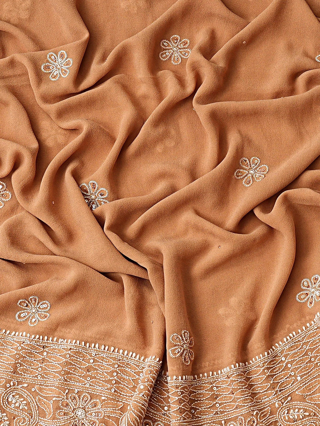 Ada Hand Embroidered Brown Pure Georgette Lucknowi Chikankari Semi-Stitched Anarkali Kurta Dupatta Set With Cutdana Work 01A700255