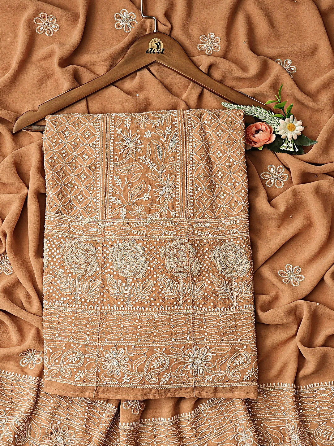 Ada Hand Embroidered Brown Pure Georgette Lucknowi Chikankari Semi-Stitched Anarkali Kurta Dupatta Set With Cutdana Work 01A700255