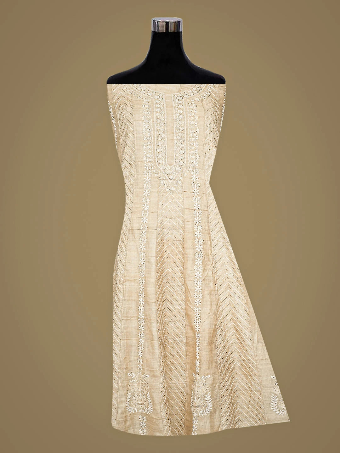 Ada Hand Embroidered Fawn Chanderi Lucknowi Chikankari Semi-Stitched Anarkali Kurta Dupatta Set With Muqaish/Mukaish Work 01A903143