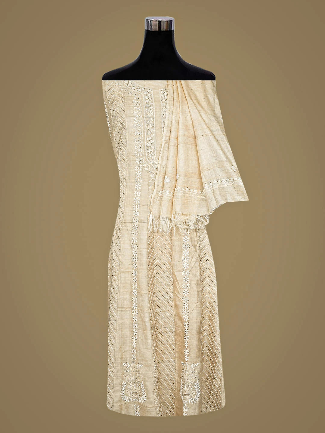 Ada Hand Embroidered Fawn Chanderi Lucknowi Chikankari Semi-Stitched Anarkali Kurta Dupatta Set With Muqaish/Mukaish Work 01A903143