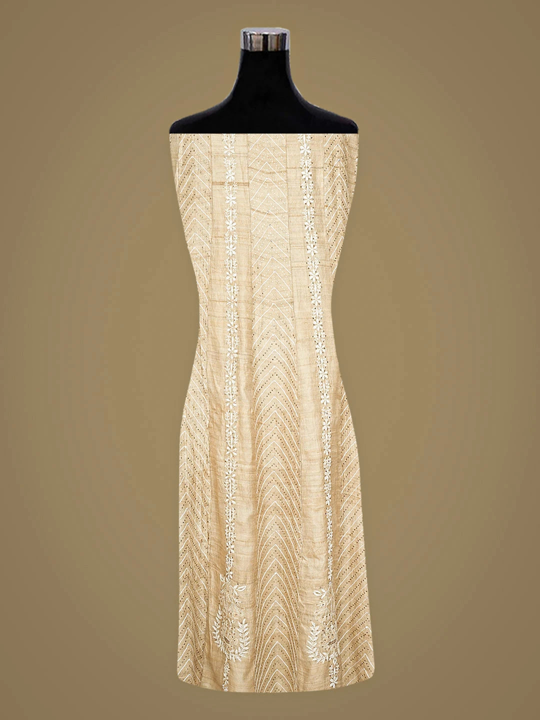 Ada Hand Embroidered Fawn Chanderi Lucknowi Chikankari Semi-Stitched Anarkali Kurta Dupatta Set With Muqaish/Mukaish Work 01A903143