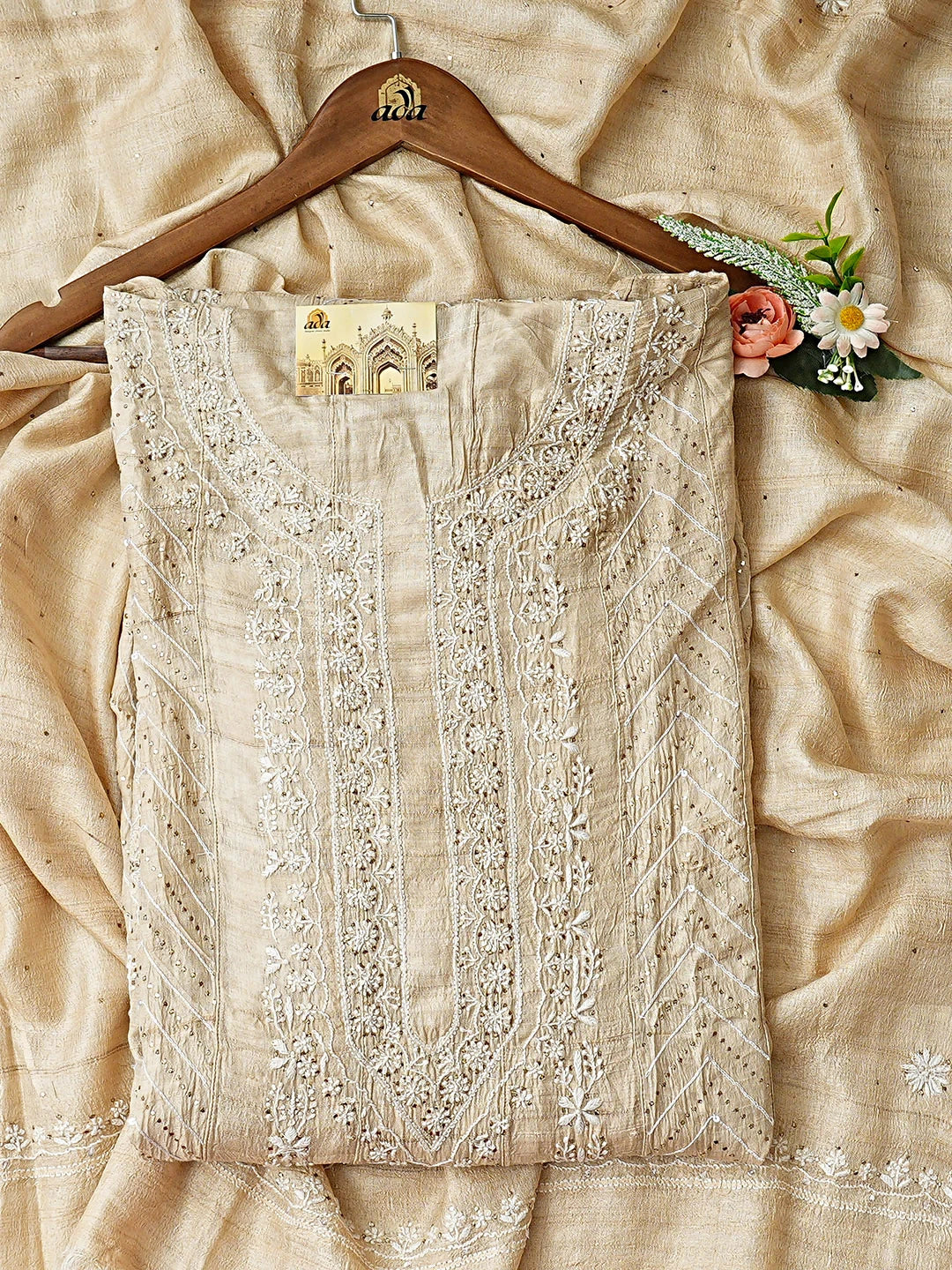 Ada Hand Embroidered Fawn Chanderi Lucknowi Chikankari Semi-Stitched Anarkali Kurta Dupatta Set With Muqaish/Mukaish Work 01A903143
