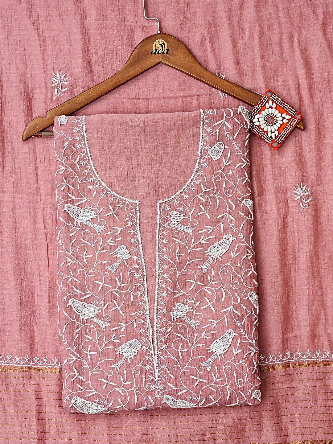 Ada Hand Embroidered Dusty Peach Chanderi Lucknowi Chikankari Unstitched Kurta Dupatta Set With Cutdana Work 01A818458